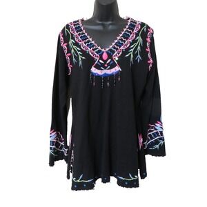 Storybook Knits Womens S Black Festive Embroidered Tunic Beaded Sweater